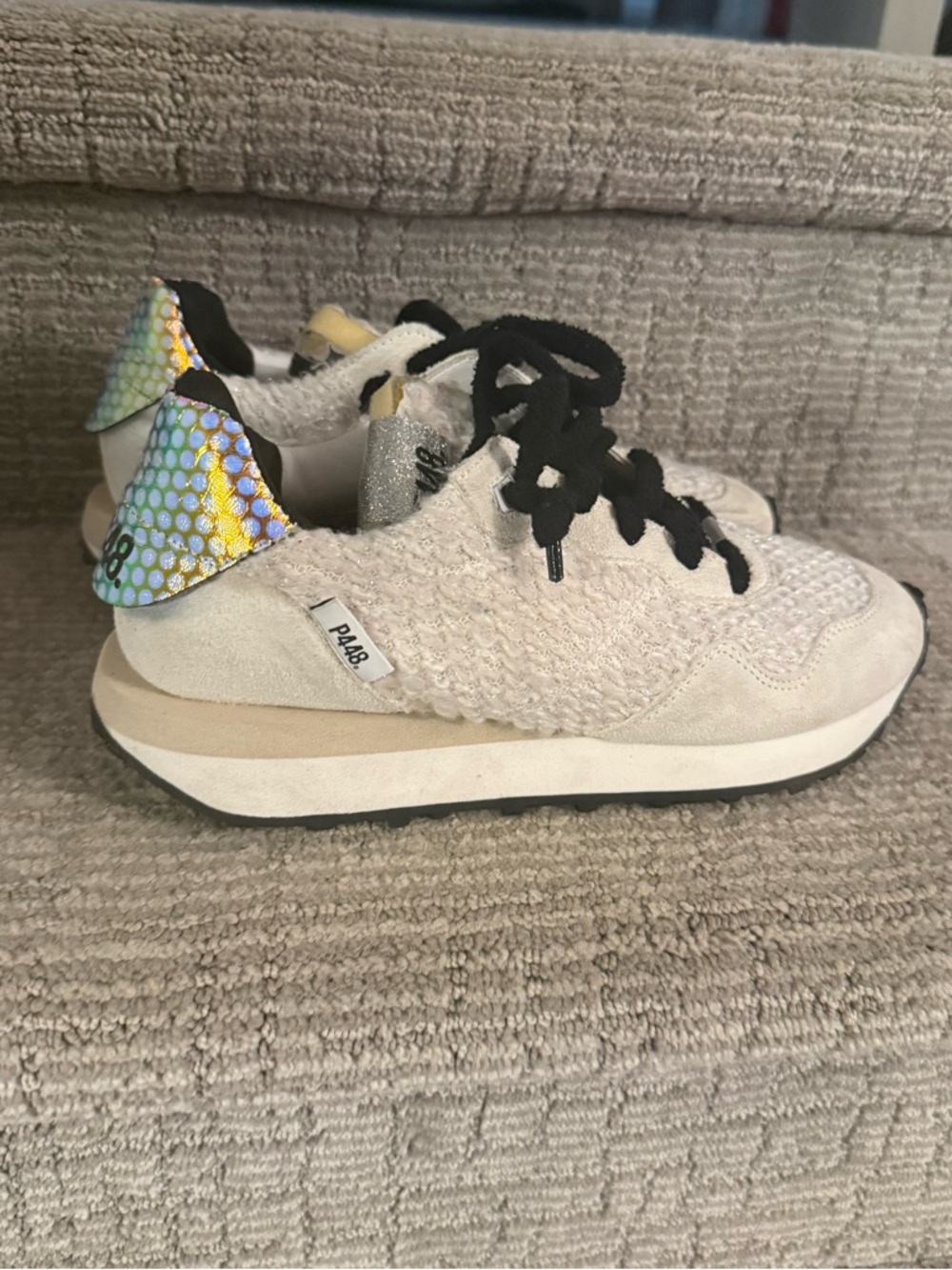 P448 Cream Knit Sneakers with Black Laces and Iridescent Heel